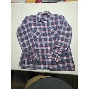 VTG 70s Mr Leggs Mens Plaid Flannel Button Up Shirt Blue Red White XL 17-1/2